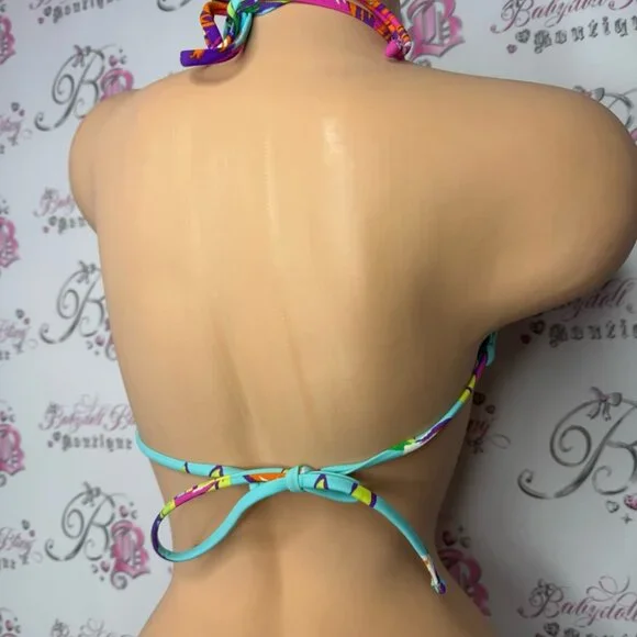 xhilaration bikini top beaded tropical neon flowers beach swimming tie up bright - Picture 9 of 9